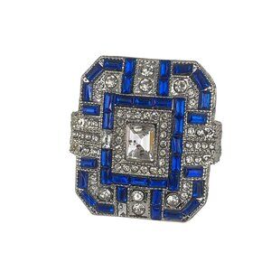Art Deco Style Silver & Blue Statement Ring With Crystal Accents